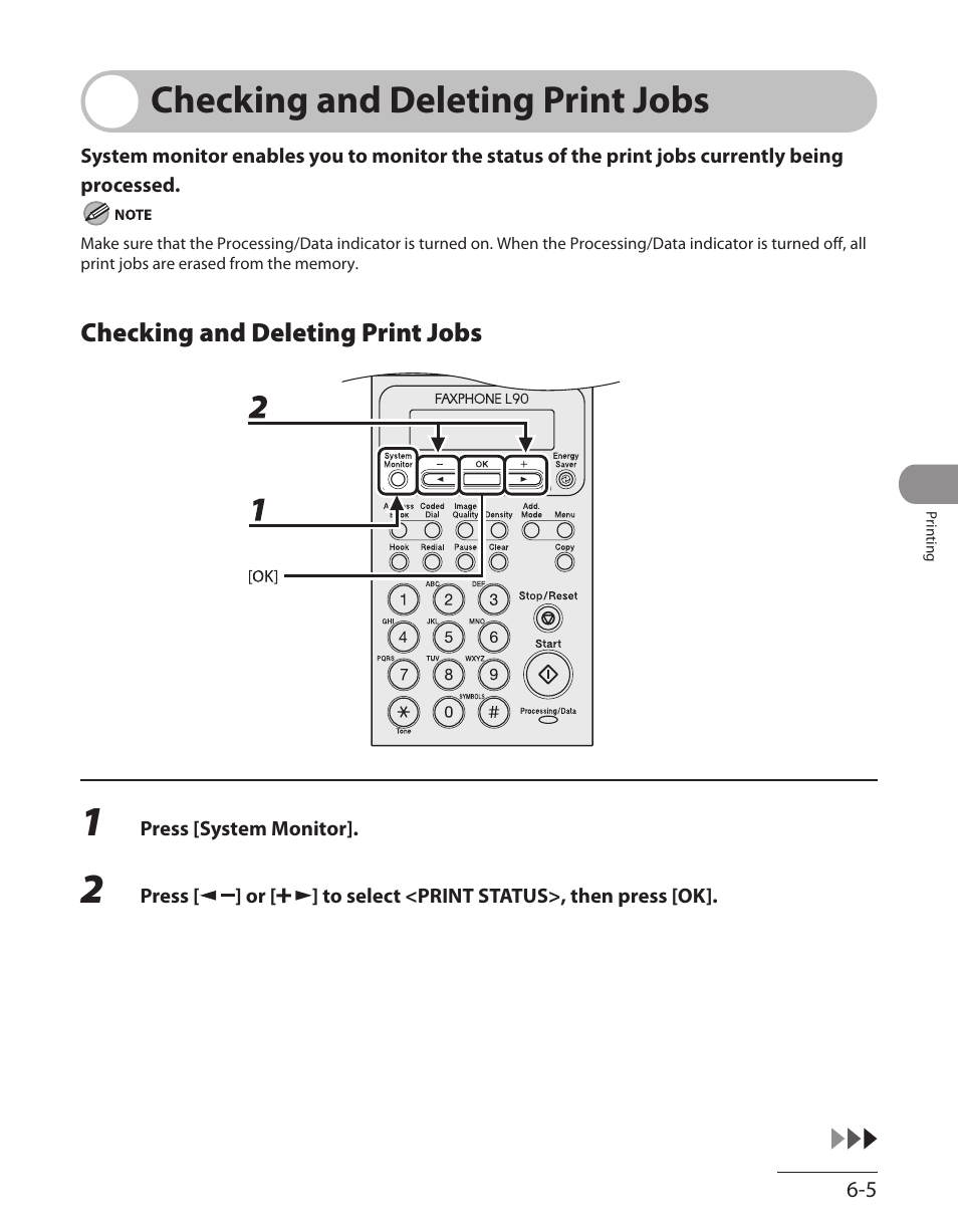 Checking and deleting print jobs, Checking and deleting print jobs -5 | Canon L90 User Manual | Page 136 / 214