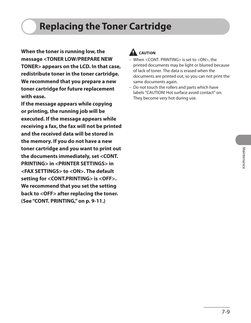 Replacing the toner cartridge, Replacing the toner cartridge -9 | Canon L90 User Manual | Page 146 / 214