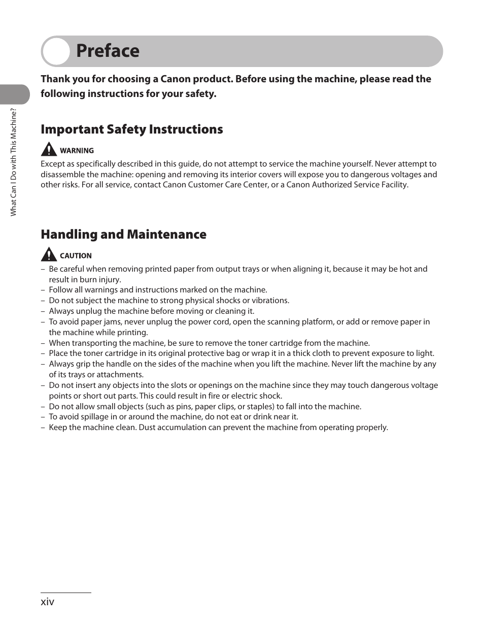 Preface, Important safety instructions, Handling and maintenance | Canon L90 User Manual | Page 15 / 214