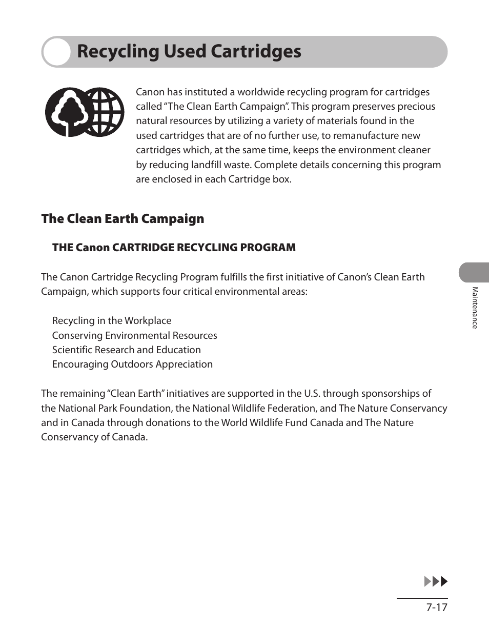 Recycling used cartridges, The clean earth campaign, Recycling used cartridges -17 | The clean earth campaign -17 | Canon L90 User Manual | Page 154 / 214