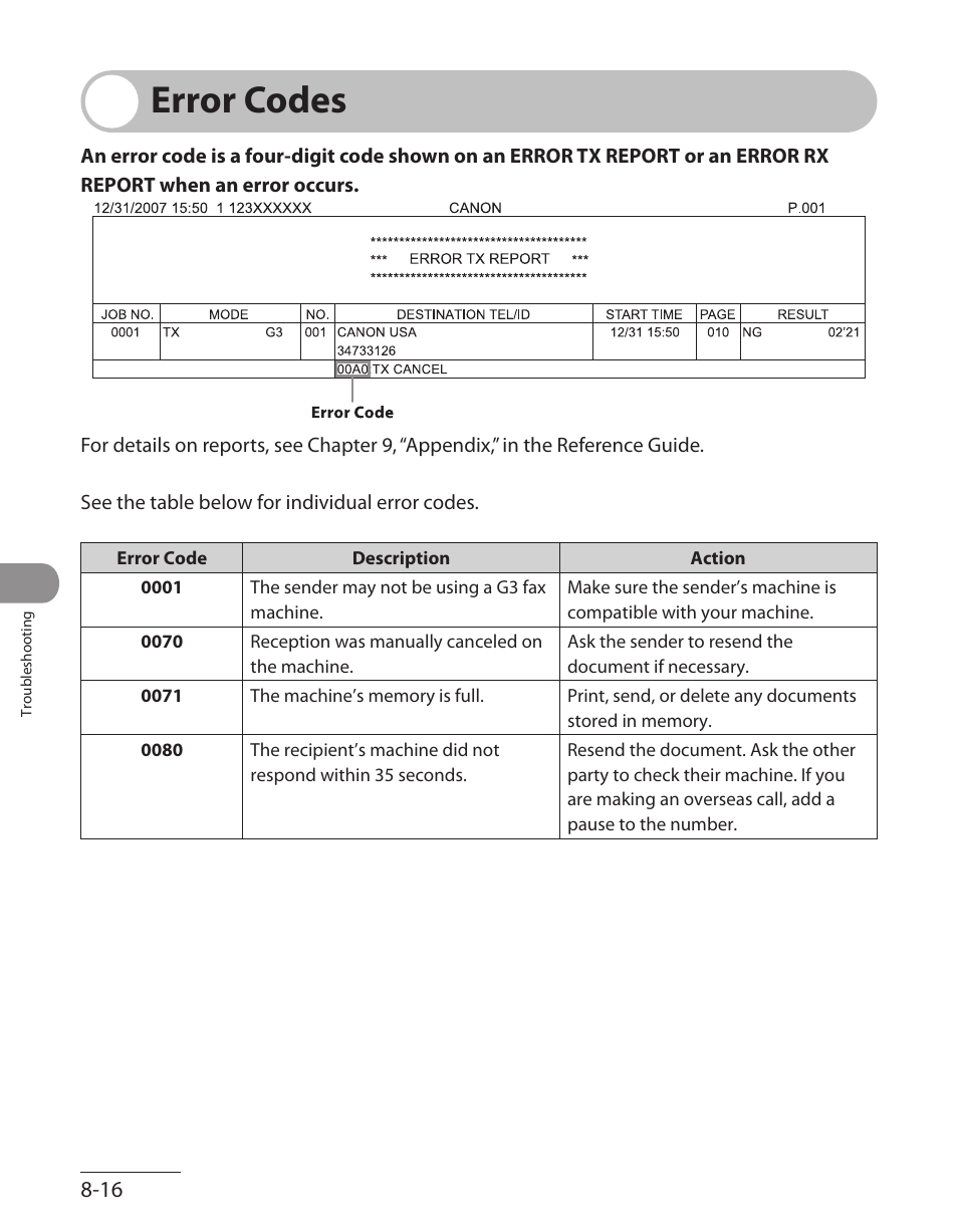 Error codes, Error codes -16 | Canon L90 User Manual | Page 179 / 214