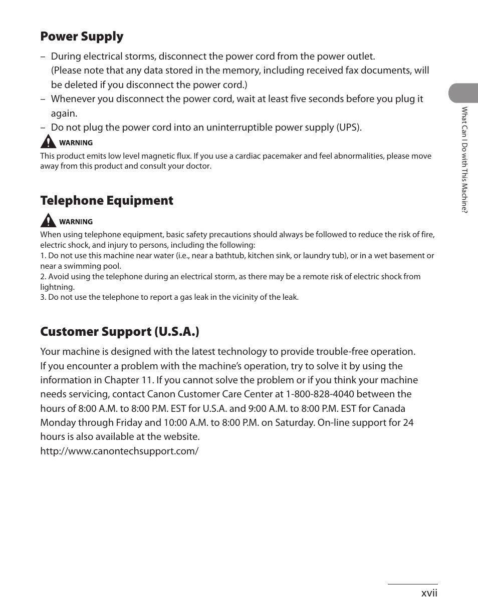 Power supply, Telephone equipment, Customer support (u.s.a.) | Canon L90 User Manual | Page 18 / 214