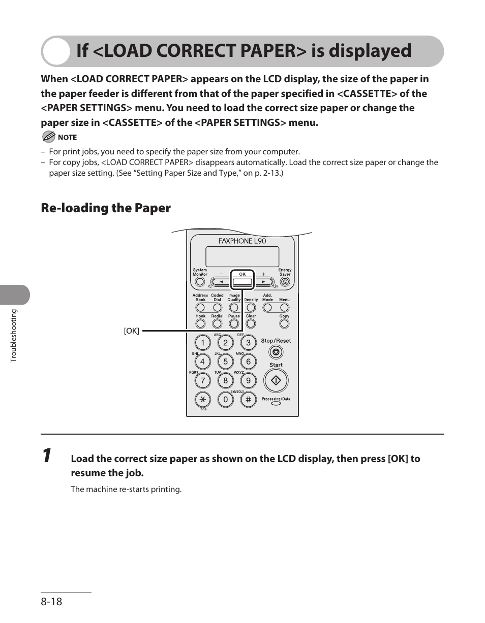 If <load correct paper> is displayed, Re-loading the paper, If <load correct paper> is displayed -18 | Re-loading the paper -18 | Canon L90 User Manual | Page 181 / 214