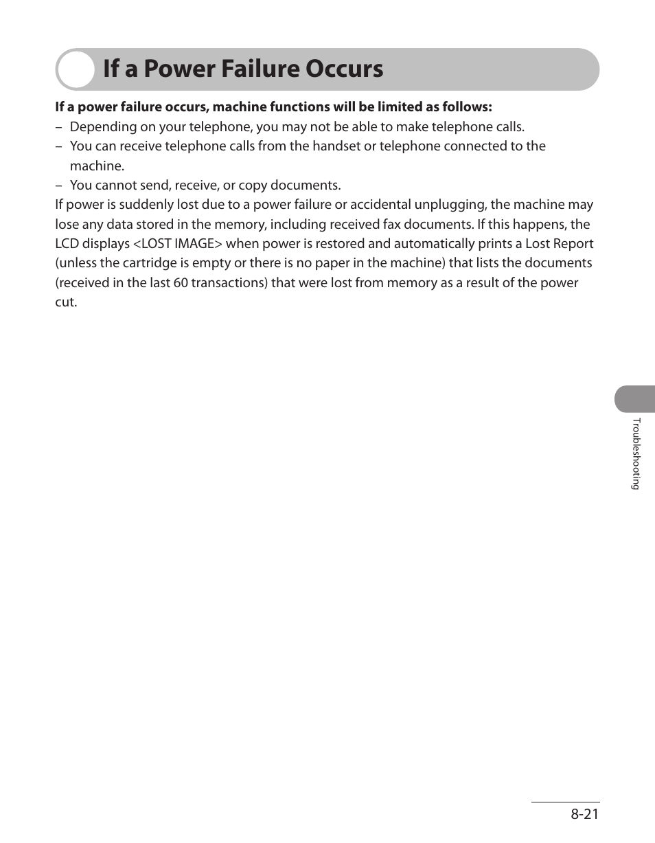 If a power failure occurs, If a power failure occurs -21 | Canon L90 User Manual | Page 184 / 214