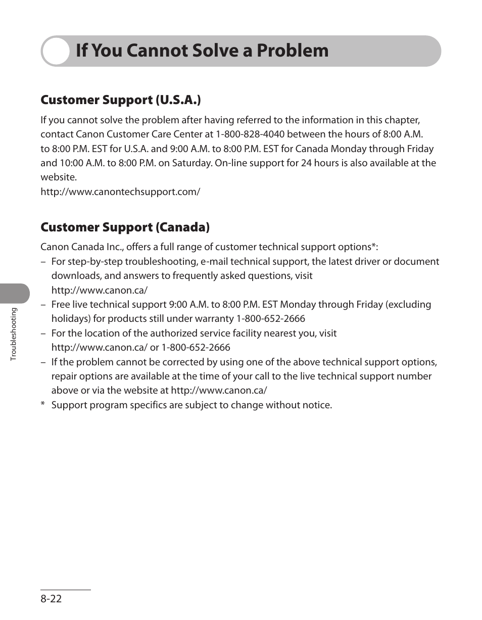 If you cannot solve a problem, Customer support (u.s.a.), Customer support (canada) | If you cannot solve a problem -22, Customer support (u.s.a.) -22, Customer support (canada) -22 | Canon L90 User Manual | Page 185 / 214