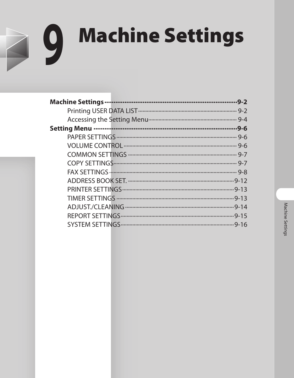 9 machine settings, 9 machine settings -1, Machine settings | Canon L90 User Manual | Page 188 / 214