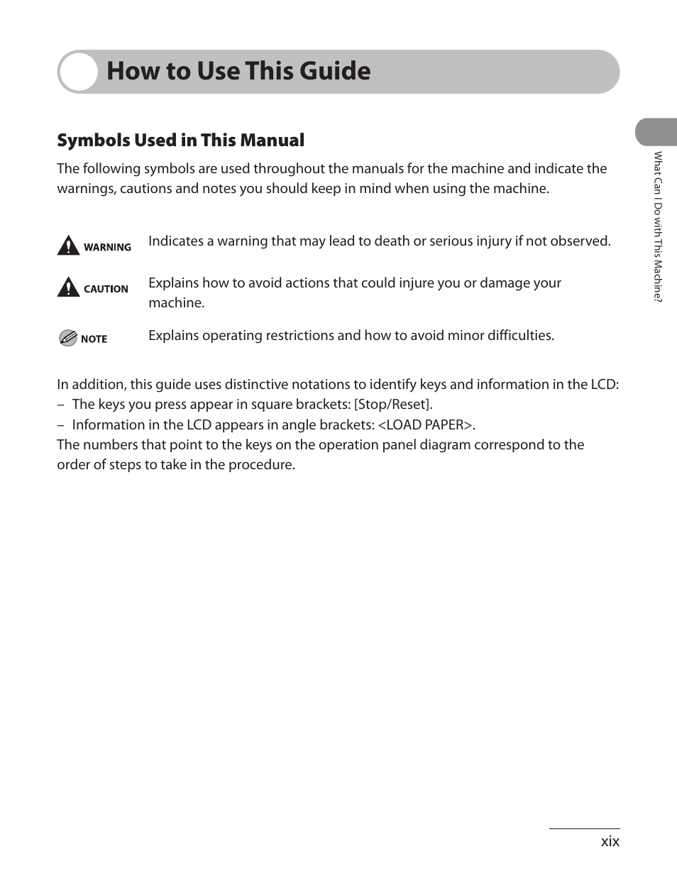 How to use this guide, Symbols used in this manual | Canon L90 User Manual | Page 20 / 214