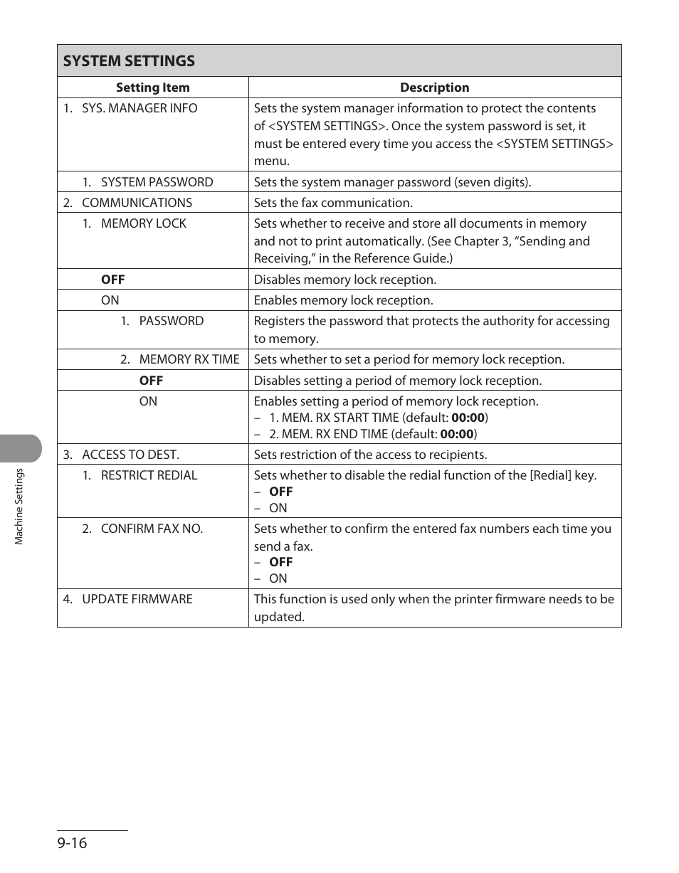 System settings, System settings -16, 16 system settings | Canon L90 User Manual | Page 203 / 214