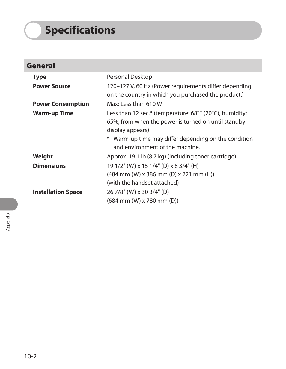 Specifications, General, Specifications -2 | General -2 | Canon L90 User Manual | Page 205 / 214