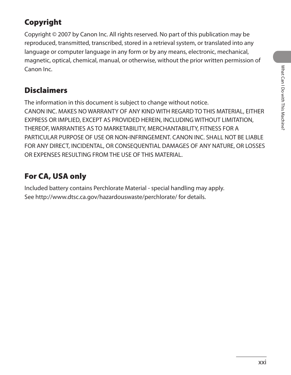 Copyright, Disclaimers, For ca, usa only | Canon L90 User Manual | Page 22 / 214