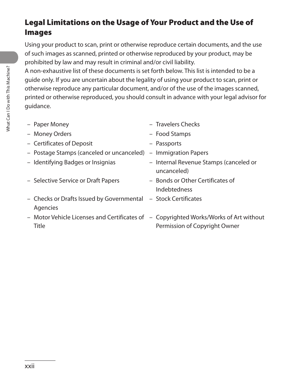 Legal limitations on the usage of your product | Canon L90 User Manual | Page 23 / 214