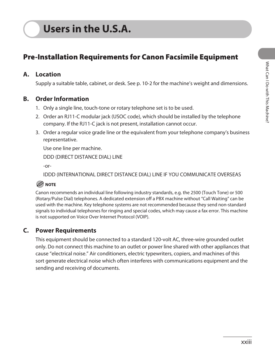 Users in the u.s.a, Pre-installation requirements for canon facsimile | Canon L90 User Manual | Page 24 / 214