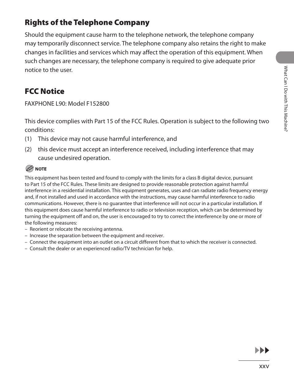 Rights of the telephone company, Fcc notice | Canon L90 User Manual | Page 26 / 214