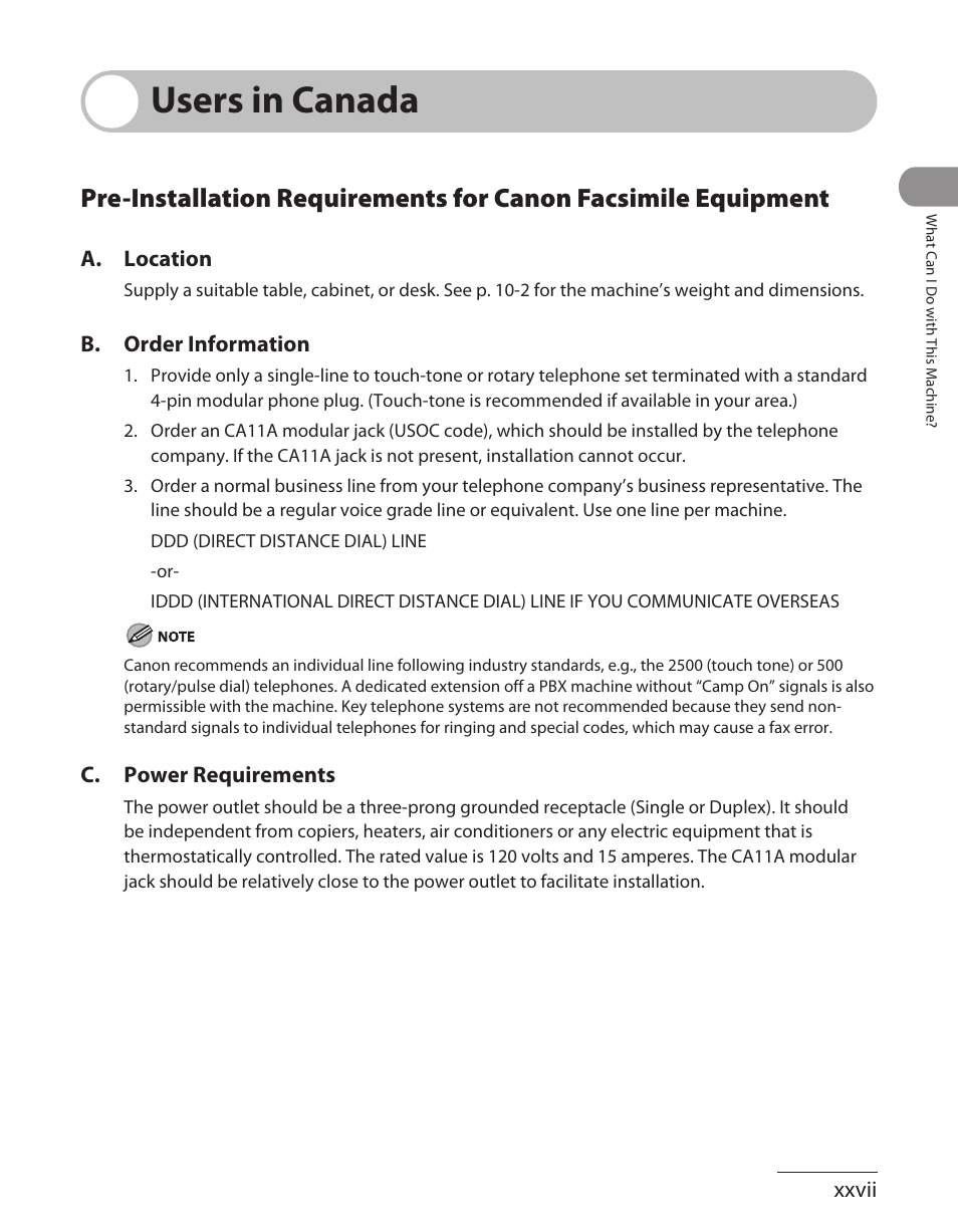 Users in canada, Pre-installation requirements for canon facsimile | Canon L90 User Manual | Page 28 / 214