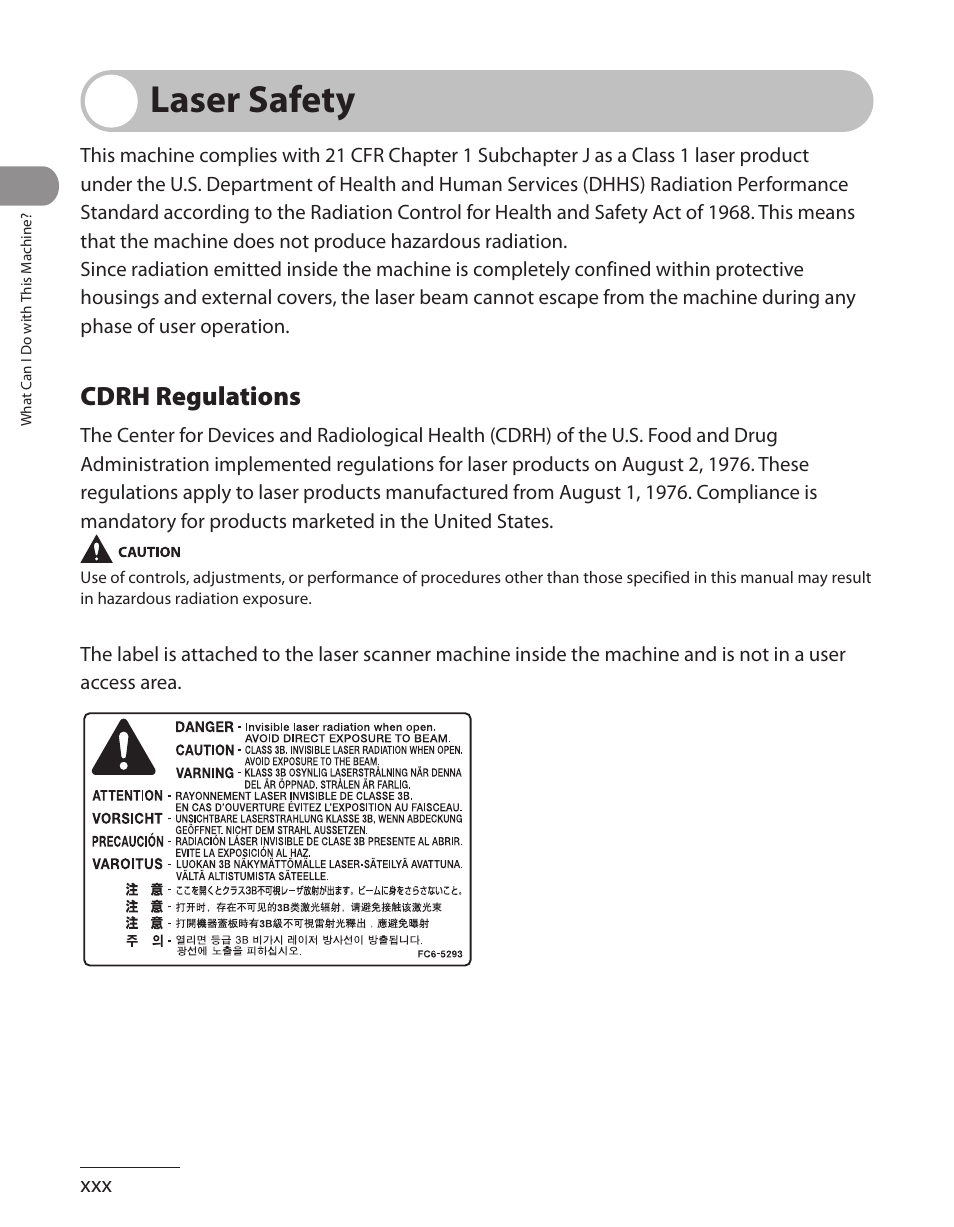 Laser safety, Cdrh regulations | Canon L90 User Manual | Page 31 / 214