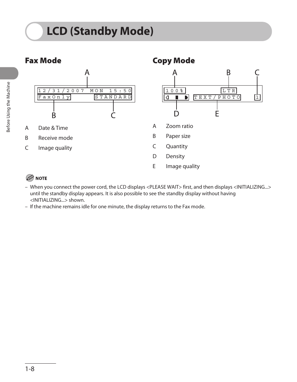 Lcd (standby mode), Fax mode, Copy mode | Lcd (standby mode) -8, Fax mode -8, Copy mode -8 | Canon L90 User Manual | Page 39 / 214