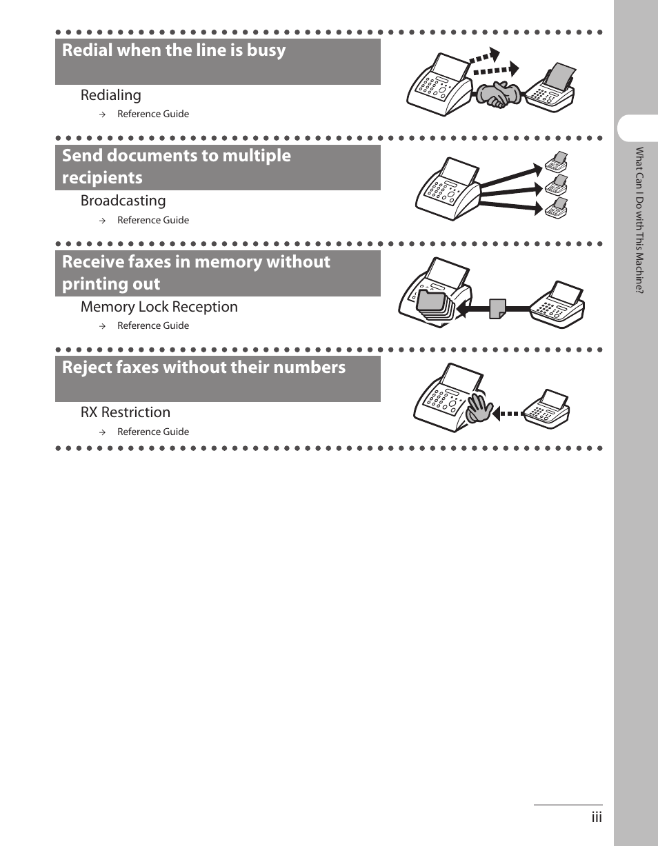 Redial when the line is busy, Send documents to multiple recipients, Reject faxes without their numbers | Canon L90 User Manual | Page 4 / 214