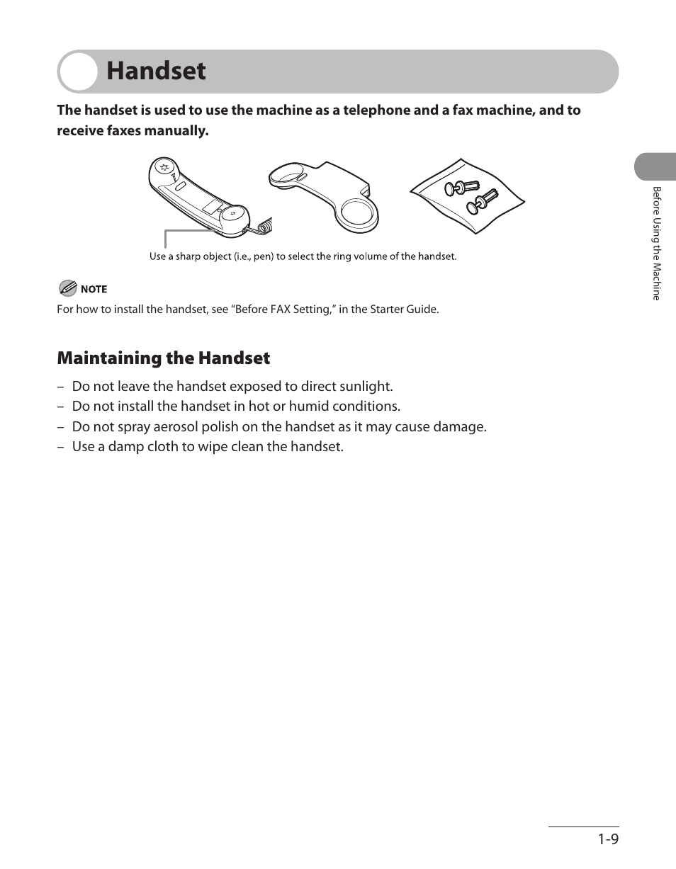 Handset, Maintaining the handset, Handset -9 | Maintaining the handset -9 | Canon L90 User Manual | Page 40 / 214