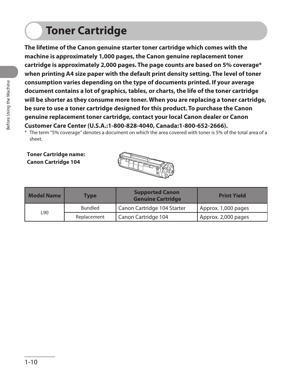 Toner cartridge, Toner cartridge -10 | Canon L90 User Manual | Page 41 / 214