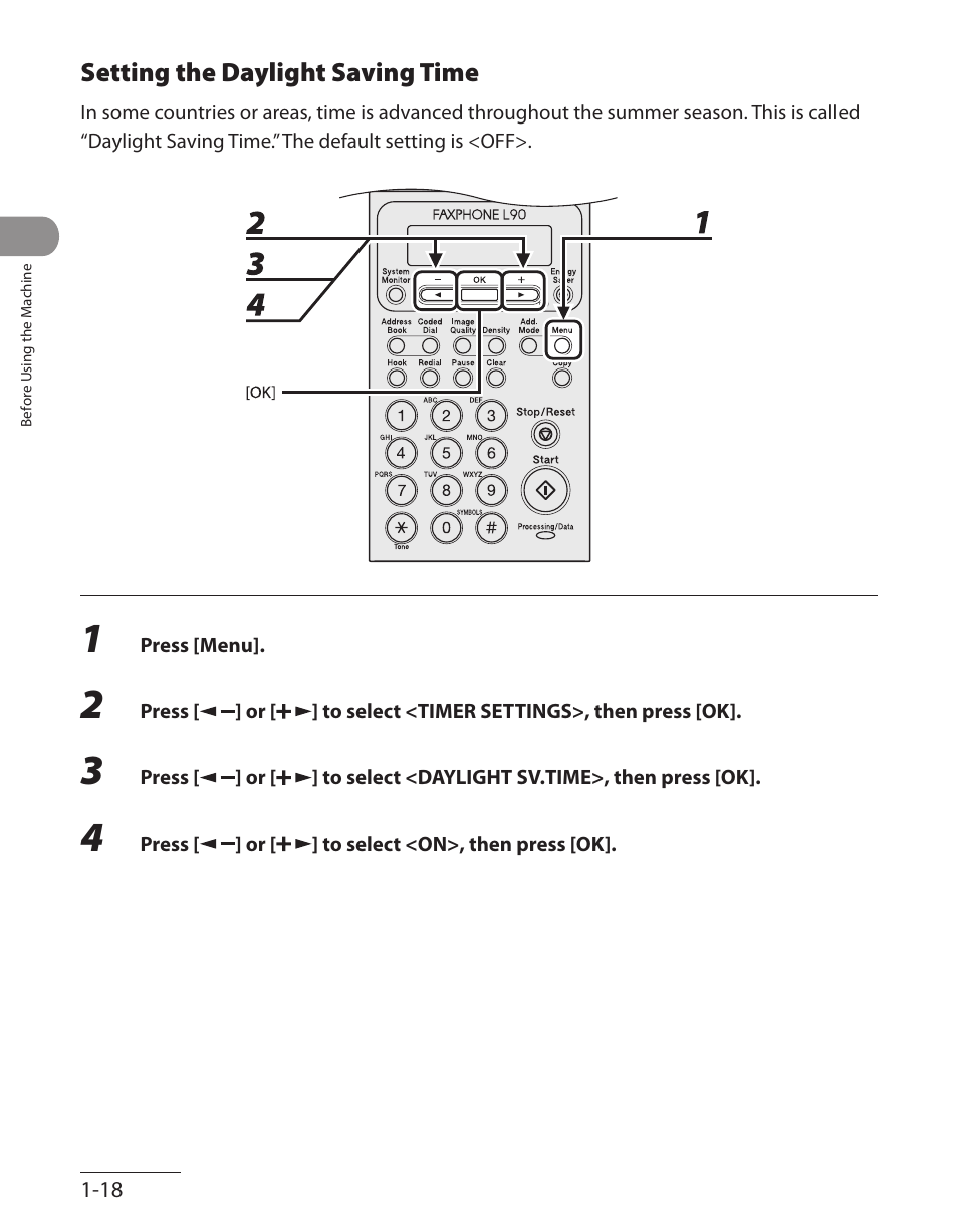 Setting the daylight saving time, Setting the daylight saving time -18 | Canon L90 User Manual | Page 49 / 214