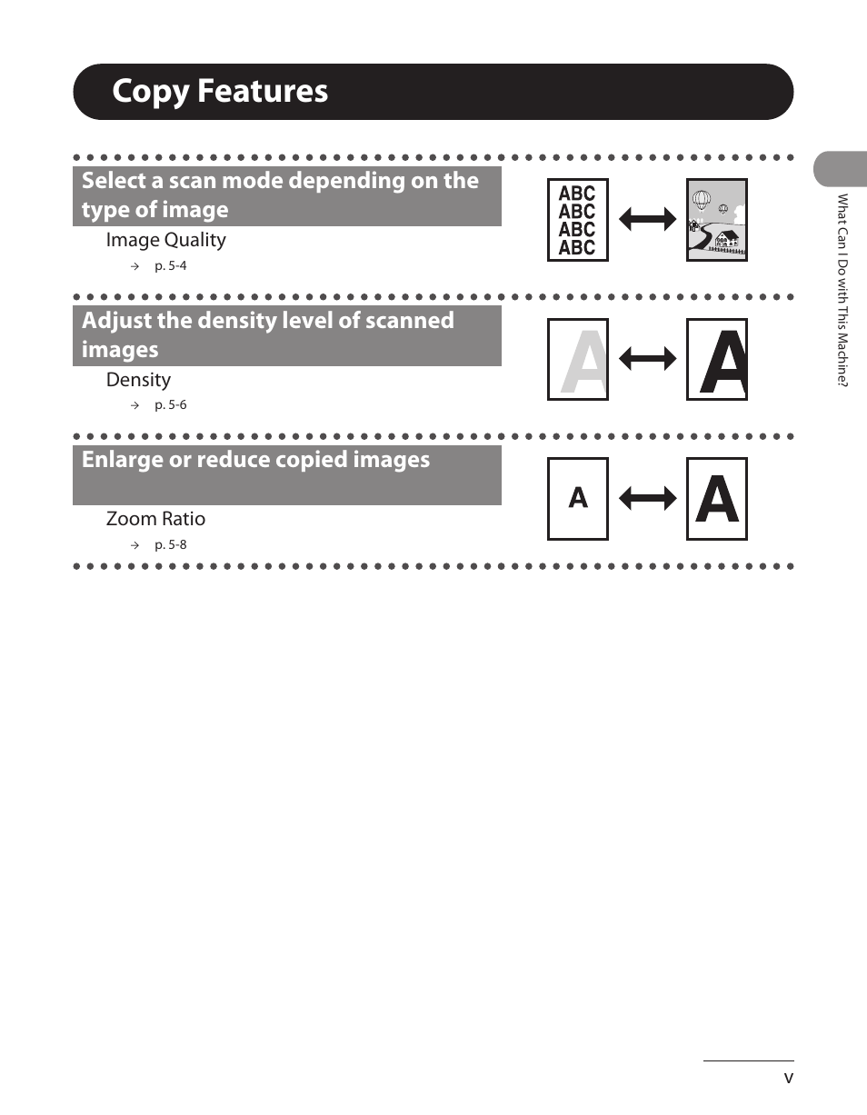 Copy features, Select a scan mode depending on the type of image, Adjust the density level of scanned images | Enlarge or reduce copied images | Canon L90 User Manual | Page 6 / 214