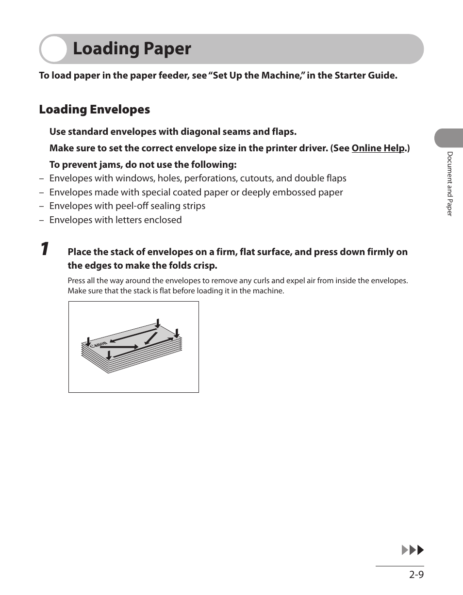 Loading paper, Loading envelopes, Loading paper -9 | Loading envelopes -9 | Canon L90 User Manual | Page 62 / 214