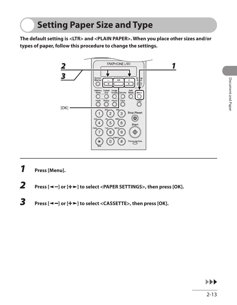 Setting paper size and type, Setting paper size and type -13 | Canon L90 User Manual | Page 66 / 214