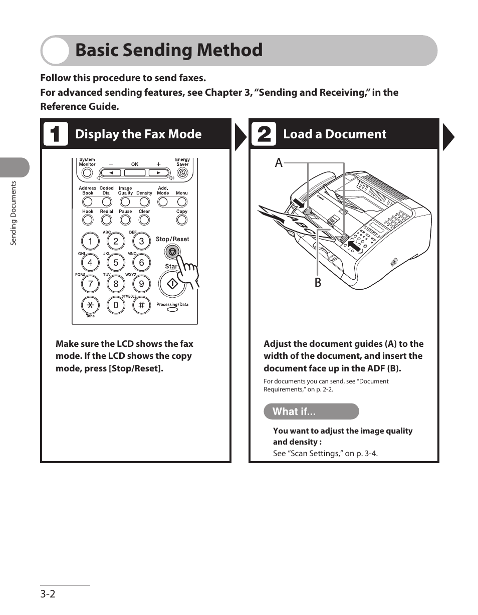 Basic sending method, Basic sending method -2, Display the fax mode load a document | Canon L90 User Manual | Page 71 / 214