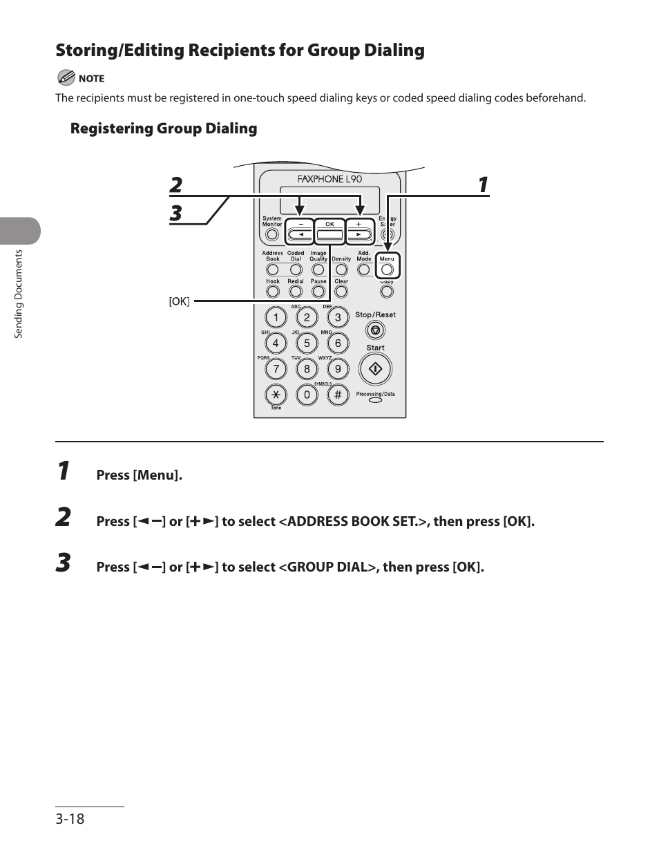 Storing/editing recipients for group dialing, Storing/editing recipients for group dialing -18 | Canon L90 User Manual | Page 87 / 214