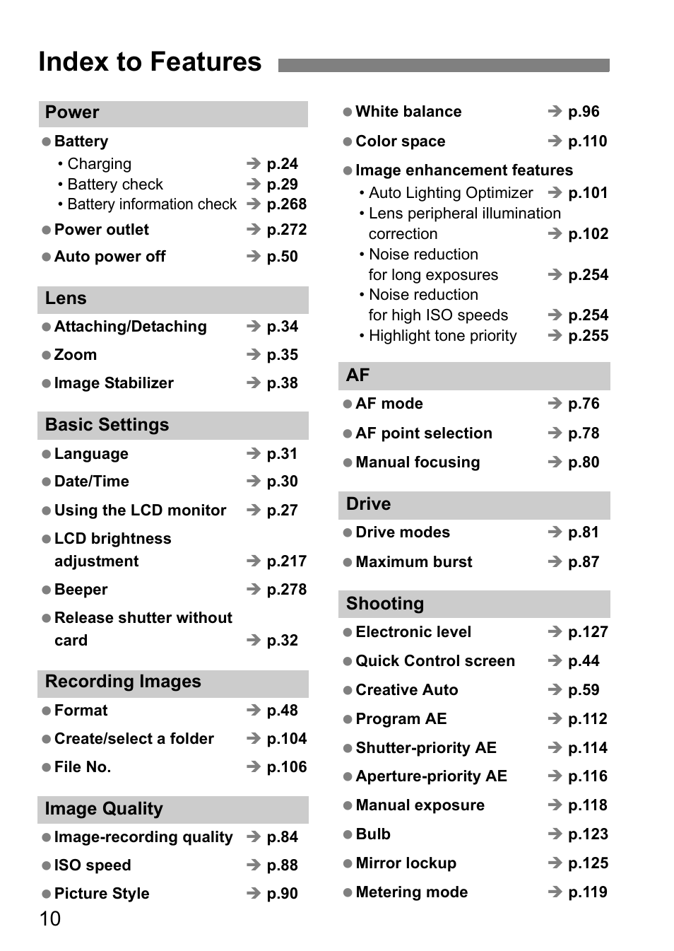 Index to features | Canon EOS 60D User Manual | Page 10 / 320