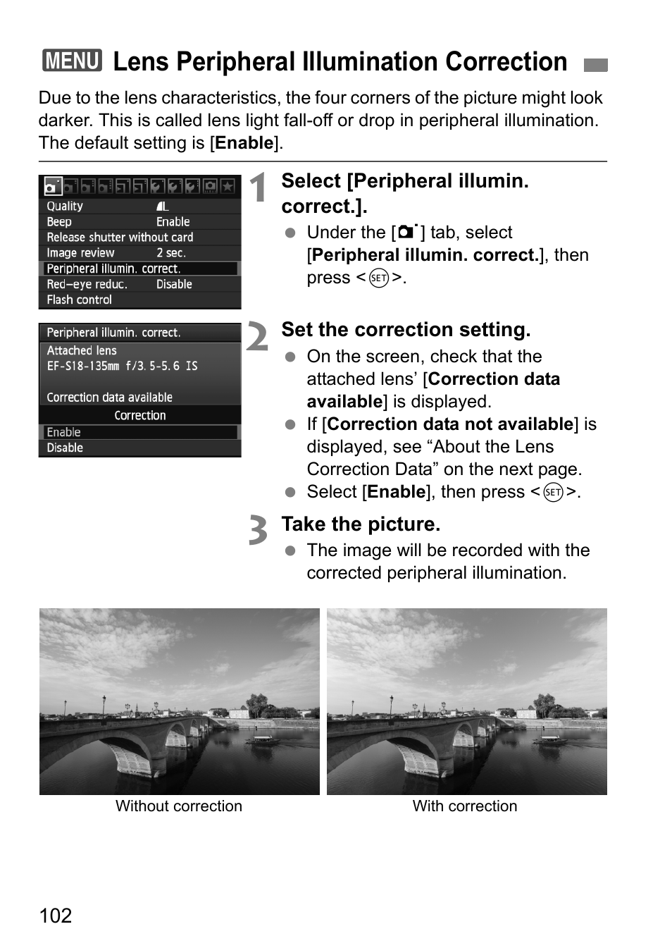 Lens peripheral illumination correction, 3lens peripheral illumination correction | Canon EOS 60D User Manual | Page 102 / 320