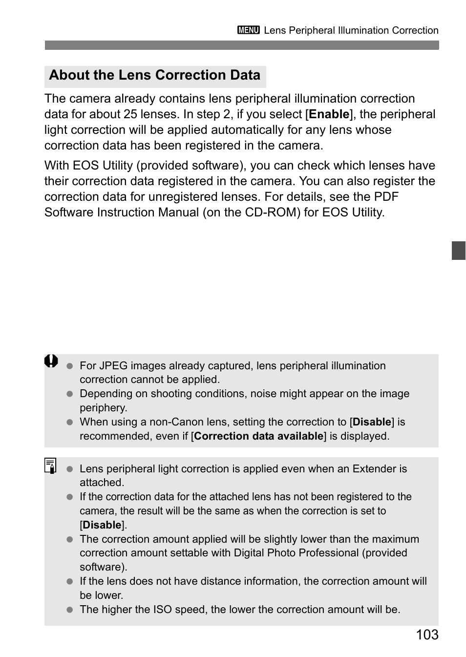 About the lens correction data | Canon EOS 60D User Manual | Page 103 / 320