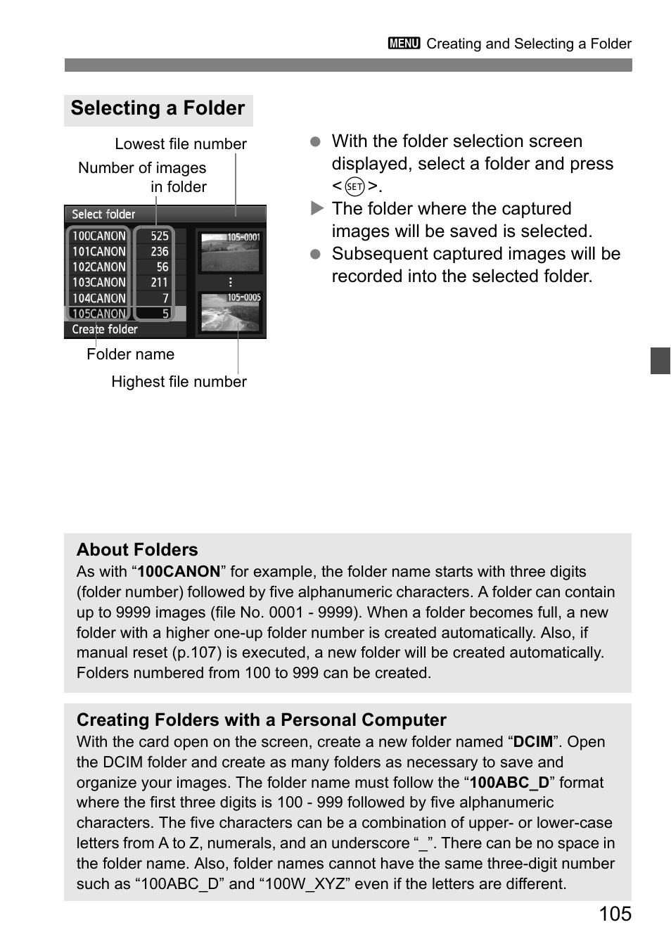 Selecting a folder | Canon EOS 60D User Manual | Page 105 / 320