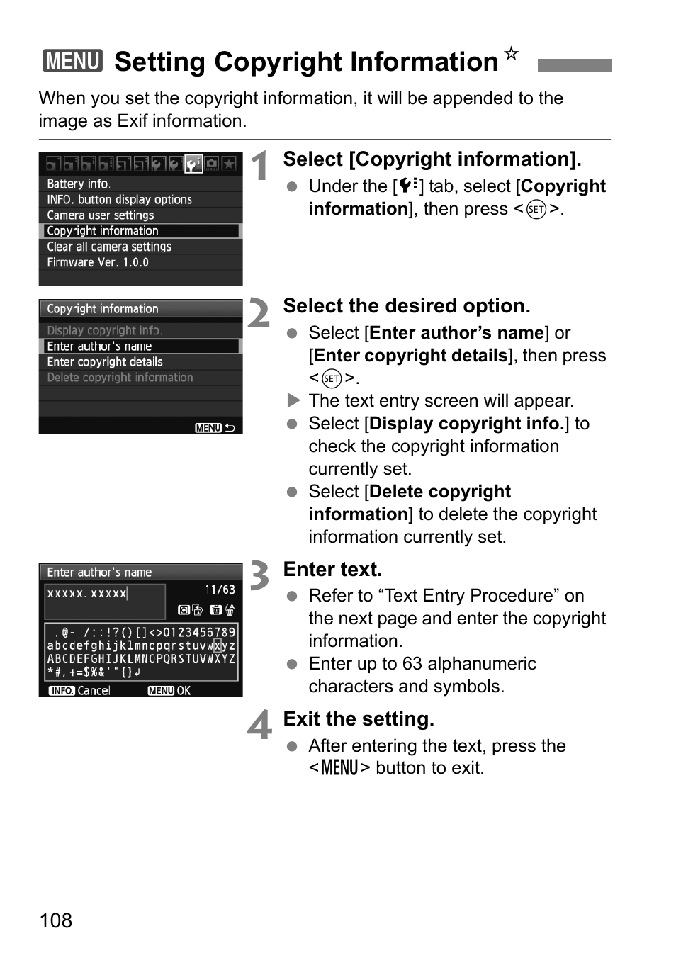 Setting copyright information, 3setting copyright information n | Canon EOS 60D User Manual | Page 108 / 320