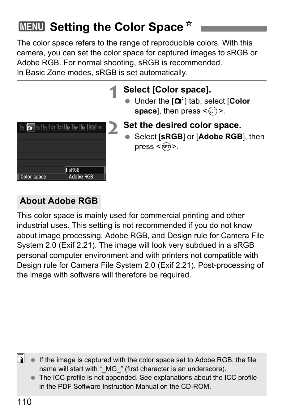 Setting the color space, 3setting the color space n | Canon EOS 60D User Manual | Page 110 / 320