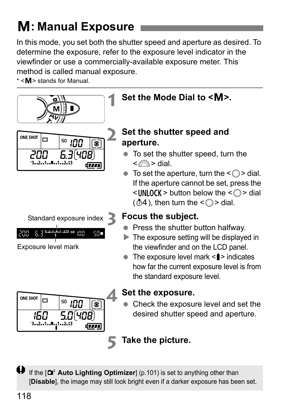 Manual exposure, A: manual exposure | Canon EOS 60D User Manual | Page 118 / 320