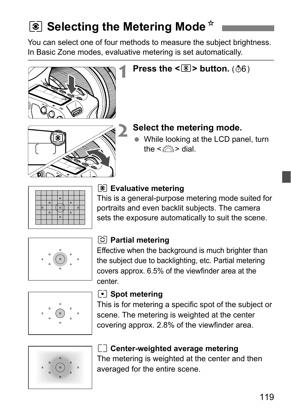 Selecting the metering mode, Qselecting the metering mode n | Canon EOS 60D User Manual | Page 119 / 320