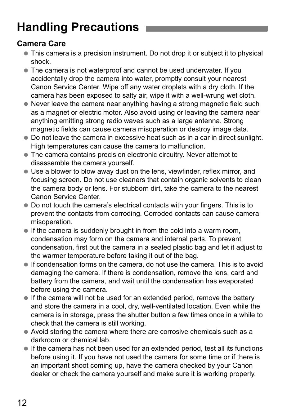 Handling precautions, Camera care | Canon EOS 60D User Manual | Page 12 / 320