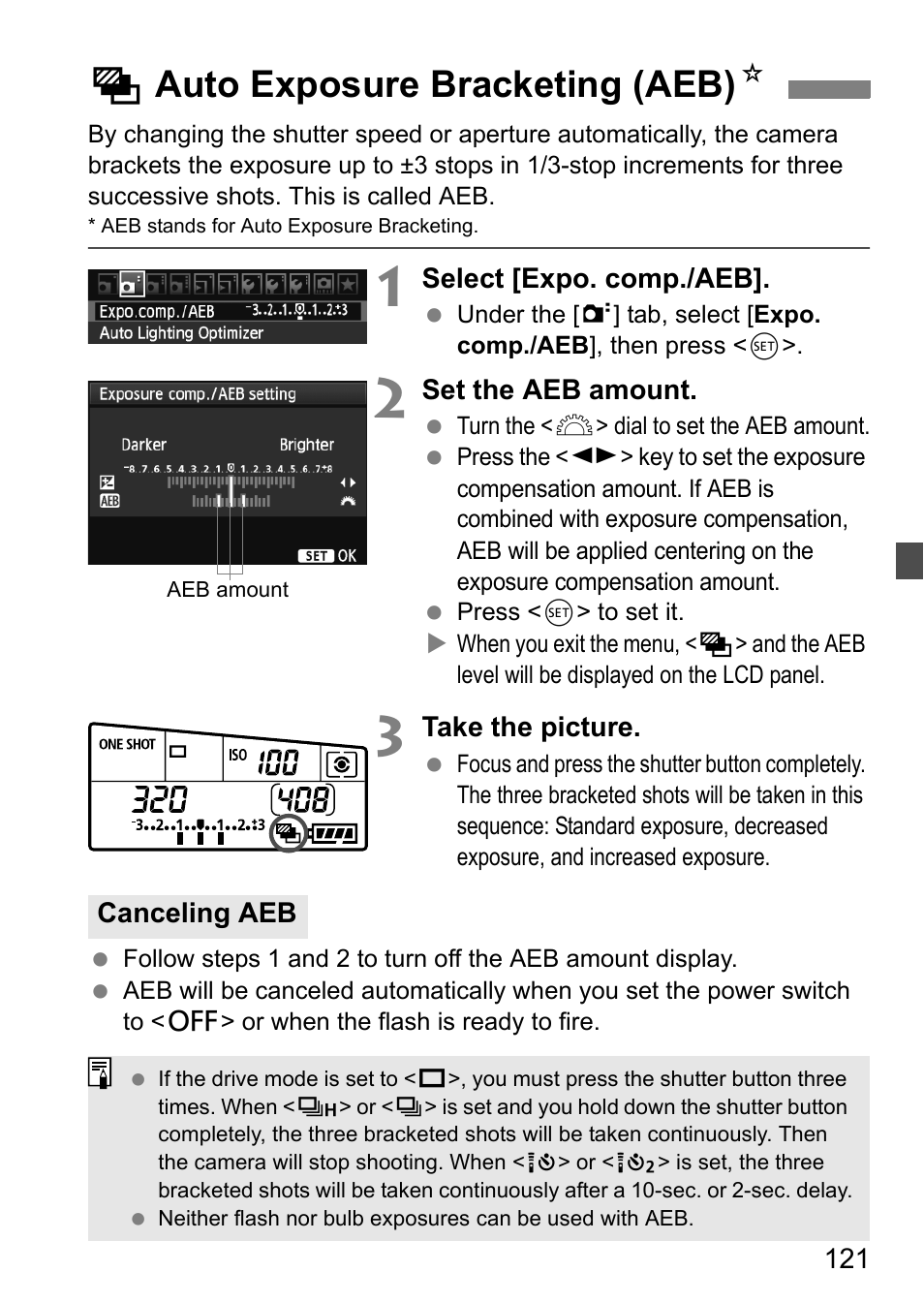 Auto exposure bracketing (aeb), Hauto exposure bracketing (aeb) n | Canon EOS 60D User Manual | Page 121 / 320