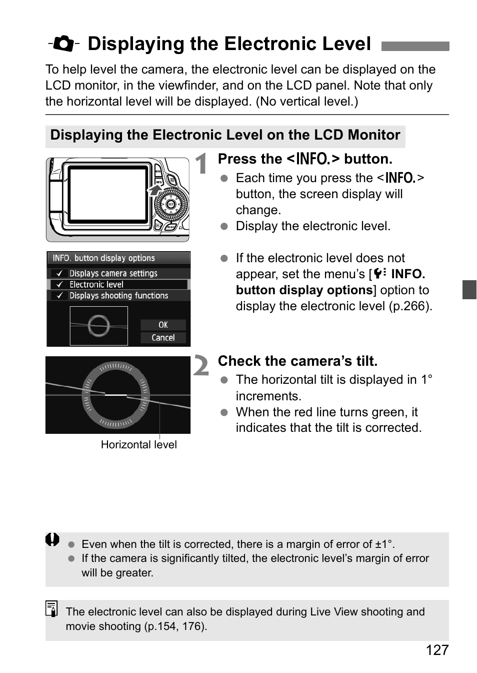 Displaying the electronic level, Qdisplaying the electronic level | Canon EOS 60D User Manual | Page 127 / 320