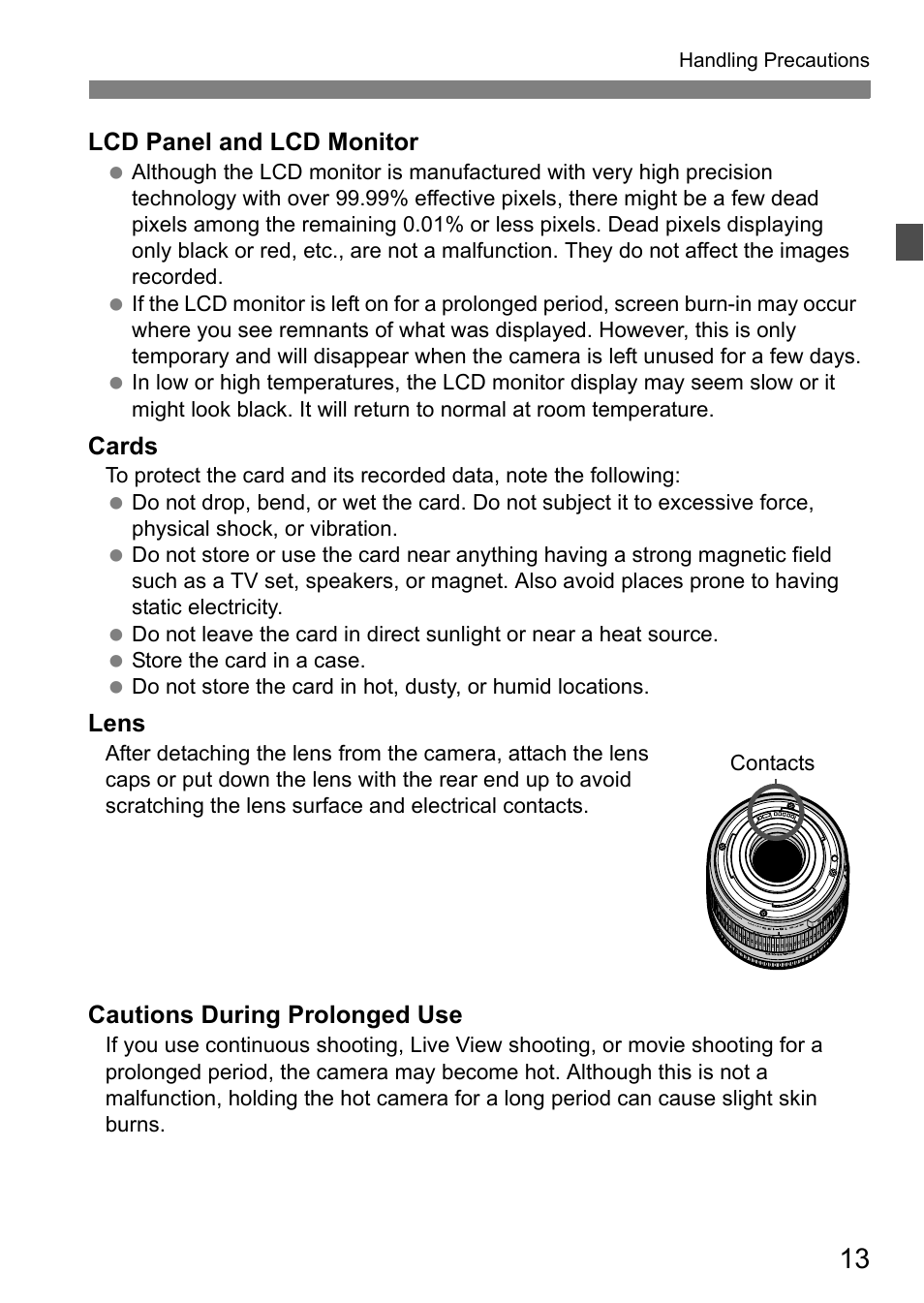Lcd panel and lcd monitor, Cards, Lens | Cautions during prolonged use | Canon EOS 60D User Manual | Page 13 / 320