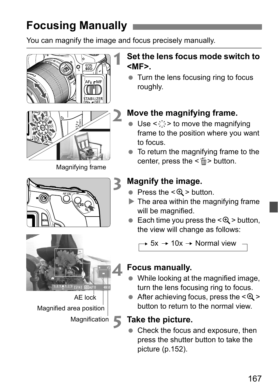 Focusing manually | Canon EOS 60D User Manual | Page 167 / 320