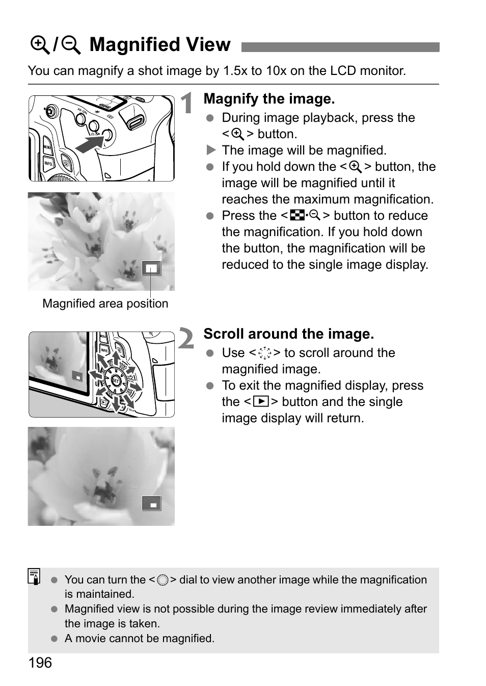 Magnified view, U / y magnified view | Canon EOS 60D User Manual | Page 196 / 320