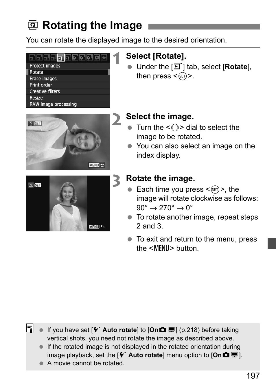 Rotating the image, B rotating the image | Canon EOS 60D User Manual | Page 197 / 320