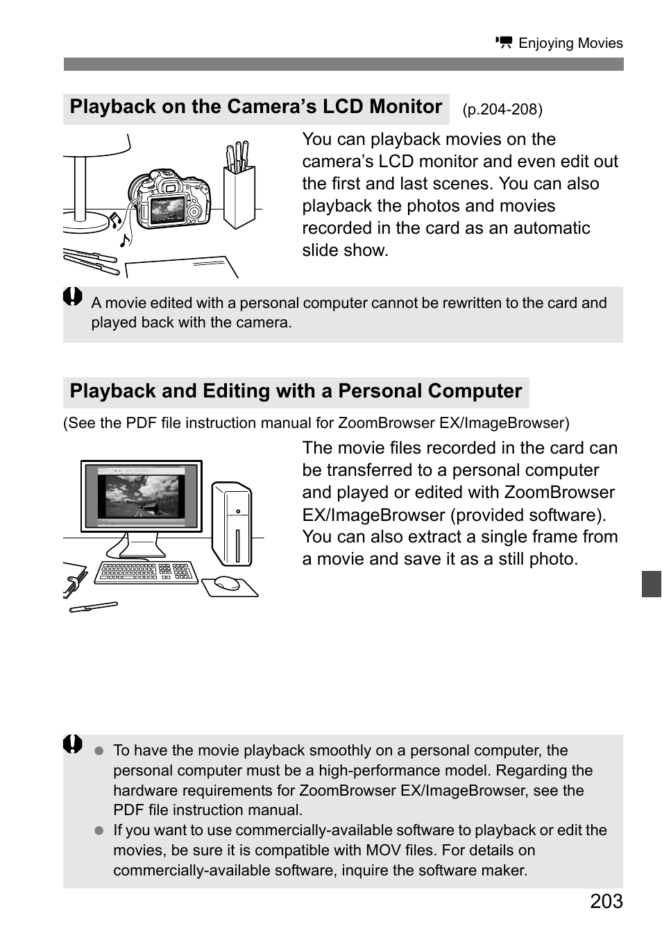 Playback on the camera’s lcd monitor, Playback and editing with a personal computer | Canon EOS 60D User Manual | Page 203 / 320