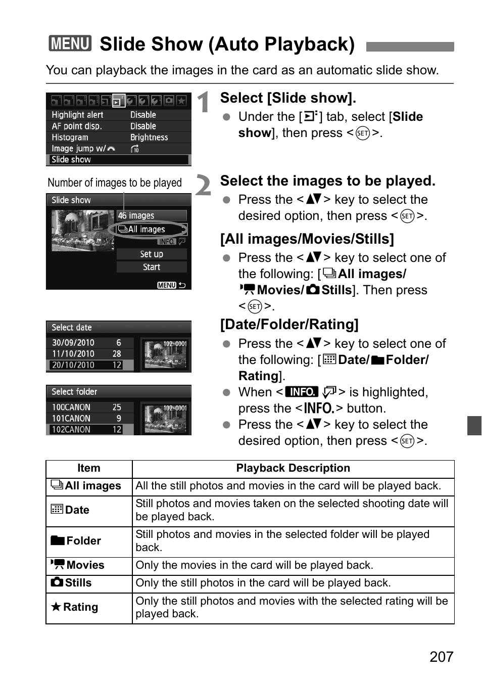 Slide show (auto playback), 3slide show (auto playback) | Canon EOS 60D User Manual | Page 207 / 320