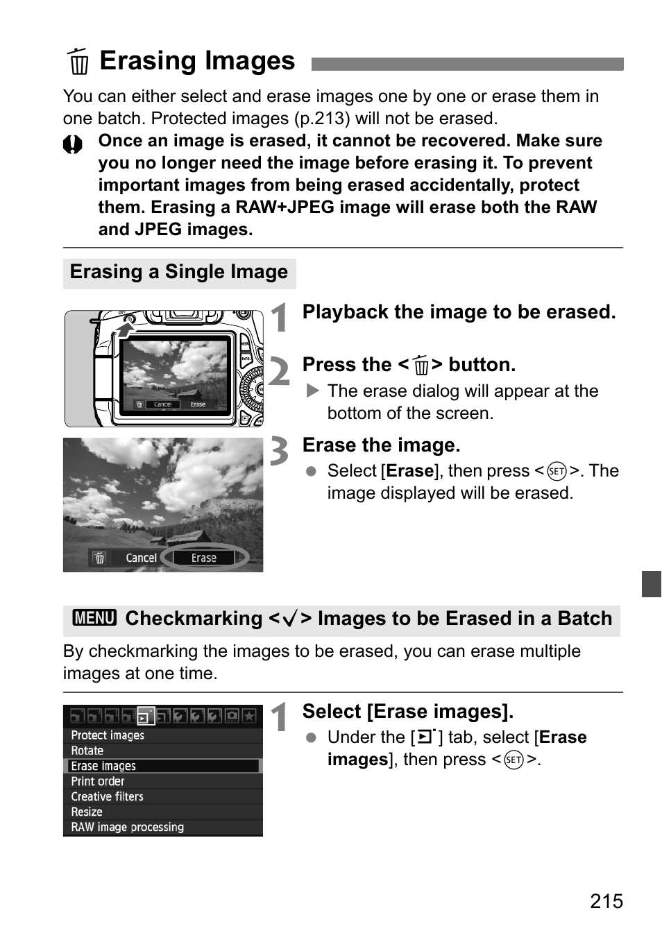 Erasing images, Lerasing images | Canon EOS 60D User Manual | Page 215 / 320