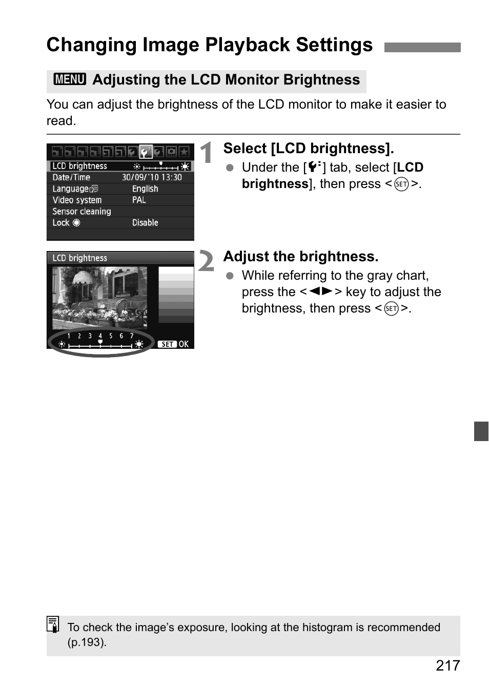 Changing image playback settings, Adjusting the lcd monitor brightness | Canon EOS 60D User Manual | Page 217 / 320