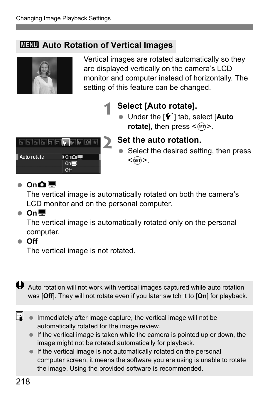 Auto rotation of vertical images | Canon EOS 60D User Manual | Page 218 / 320