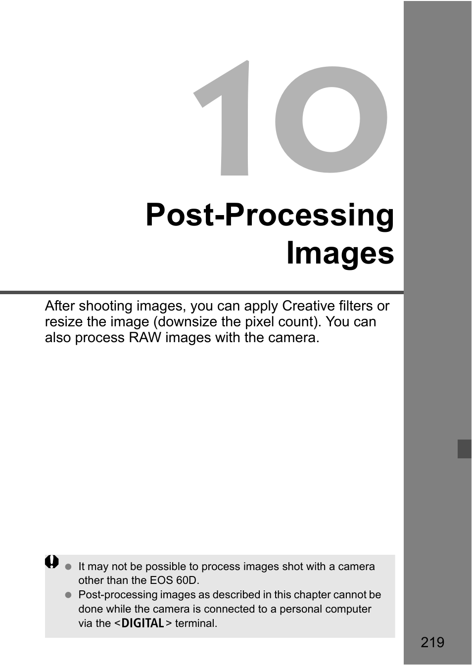 10 post-processing images, Post-processing images | Canon EOS 60D User Manual | Page 219 / 320